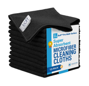 12" x 12" Buff Pro Multi-Surface Microfiber Cleaning Cloths | Black - 12 Pack | Premium Microfiber Towels for Cleaning Glass, Kitchens, Bathrooms, Automotive, Supplies & Products