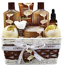 Load image into Gallery viewer, Bath and Body Gift Basket For Women and Men – 9 Piece Set of Vanilla Coconut Home Spa Set, Includes Fragrant Lotions, Extra Large Bath Bombs, Coconut Oil, Luxurious Bath Towel &amp; More

