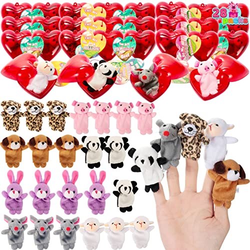 JOYIN 28 Packs Valentines Day Gift Cards Prefilled with Animal Finger Puppet and Heart Box Set for Kids Party Favors, Classroom Exchange Prizes, Valentine’s Greeting Cards