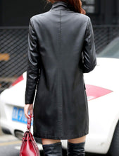 Load image into Gallery viewer, Tanming Womens PU Faux Leather Jacket Casual Lapel Long Suit Trench Coat Outerwear (Black-L)
