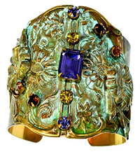 Load image into Gallery viewer, Olive Patina Brass Zinnia Flowers Wide Cuff - Swarovski Crystals
