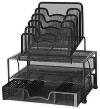 Load image into Gallery viewer, SimpleHouseware Mesh Desk Organizer with Sliding Drawer, Double Tray and 5 Stacking Sorter Sections, Black
