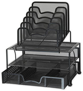SimpleHouseware Mesh Desk Organizer with Sliding Drawer, Double Tray and 5 Stacking Sorter Sections, Black