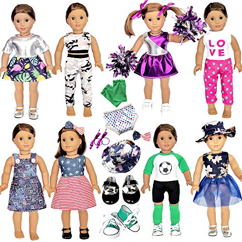 Srua Don 20 Pcs American Doll Clothes and Accessories fit American 18 inch Girl Dolls - Including 8 Complete Set Toys Doll Outfits and 2 Pairs Shoes, Doll Accessories with Cap, Underwear and Hair Clip