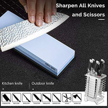 Load image into Gallery viewer, Complete Knife Sharpening Stone Set – Dual Grit Whetstone 400/1000 3000/8000 Premium Whetstone Knife Sharpener with Leather Strop, Flattening Stone, Bamboo Base, 3 Non-slip Rubber Bases &amp; Angle Guide
