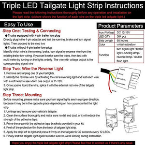 ICBEAMER Triple Row 60 inch 504 pcs LED for Pick up/Truck Tailgate Light Bar Side Bed Light Strip Bar IP67 Waterproof Reverse- 6 Functions Tail/Brake/Sequential/Turn Signals/Reverse/Flashing Lights