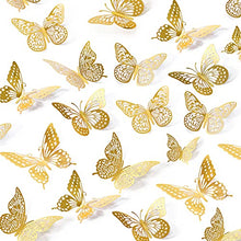 Load image into Gallery viewer, 3D Butterfly Wall Stickers, 48 Pcs 4 Styles 3 Sizes, Removable Metallic Wall Sticker Room Mural Decals Decoration for Kids Bedroom Nursery Classroom Party Wedding Decor DIY Gift (Gold)
