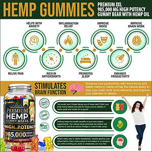 Hemp Gummies Premium 985,000 High Potency - Fruity Gummy Bear with Hemp Oil - Natural Hemp Candy Supplements for Pain, Anxiety, Stress & Inflammation Relief - Promotes Sleep and Calm Mood