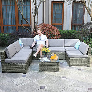 YITAHOME 8 Piece Outdoor Patio Furniture Sets, Garden Conversation Wicker Sofa Set, and Patio Sectional Furniture Sofa Set with Coffee Table and Cushion for Lawn, Backyard, and Poolside, Gray Gradient