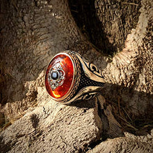 Load image into Gallery viewer, MEVA 925k Stamped Sterling Silver Carved Design Red Agate (aka Aqeeq) and Black Onyx Stone Men's Ring RKB0015 (10)
