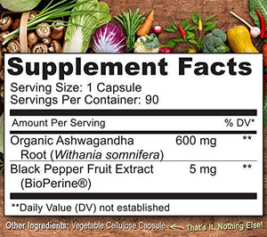 NATURELO Ashwagandha Organic Root Powder - Natural Herbs Supplement - Best for Mental Stress Relief, Mood Enhancer, Thyroid Support - with Black Pepper Extract - 90 Vegan Capsules