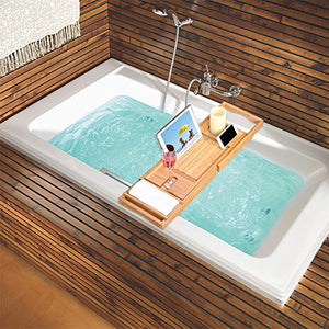 BOSSJOY Luxury Wood Bamboo Bathtub Bath Tub Caddy Tray with Extending Sides Built in Book Tablet Phone Wineglass Holder