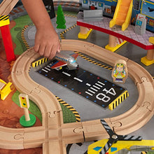 Load image into Gallery viewer, KidKraft Transportation Station Wooden Train Set and Table with Airport, Helicopter, 58 Pieces Included, Gift for Ages 3+
