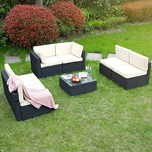 YITAHOME 7 Pieces Outdoor Conversation Set Patio Sectional Sofa PE Rattan Wicker Furniture Set Backyard Couch with Table & Cushions for Porch Lawn Garden (Black)