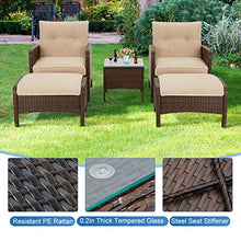 Load image into Gallery viewer, U-MAX 5 Pieces Patio Furniture Set Outdoor Chair and Ottoman Set with Cushions &amp; Side Table, Brown PE Wicker Rattan Lawn Pool Balcony Backyard Conversation Lounge Set, White &amp; Tan Cushion
