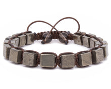 Load image into Gallery viewer, Fools Gold, Iron Pyrite Cube Shaped Beaded Men's Bracelet Gemstone Shamballa Inspired Energy Macrame Wrap Bracelet Crux Crystals Gift for Him
