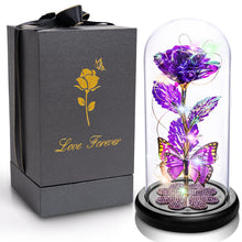 Load image into Gallery viewer, Valentines Day Gifts for Her, Galaxy Glass Rose Forever Eternal Crystal Flower Light Up Rose in Glass Dome with Butterfly Birthday Gifts for Women Mom Wife Girlfriend Grandma Purple
