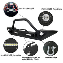Load image into Gallery viewer, ‎ECOTRIC Front Bumper Compatible with 2007-2022 Jeep Wrangler JK/JKU JL/JLU Gladiator JT Front Bumper Rock Crawler Winch Plate W/Winch Plate &amp; 2 18W LED Lights D-rings
