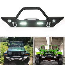 Load image into Gallery viewer, ‎ECOTRIC Front Bumper Compatible with 2007-2022 Jeep Wrangler JK/JKU JL/JLU Gladiator JT Front Bumper Rock Crawler Winch Plate W/Winch Plate &amp; 2 18W LED Lights D-rings
