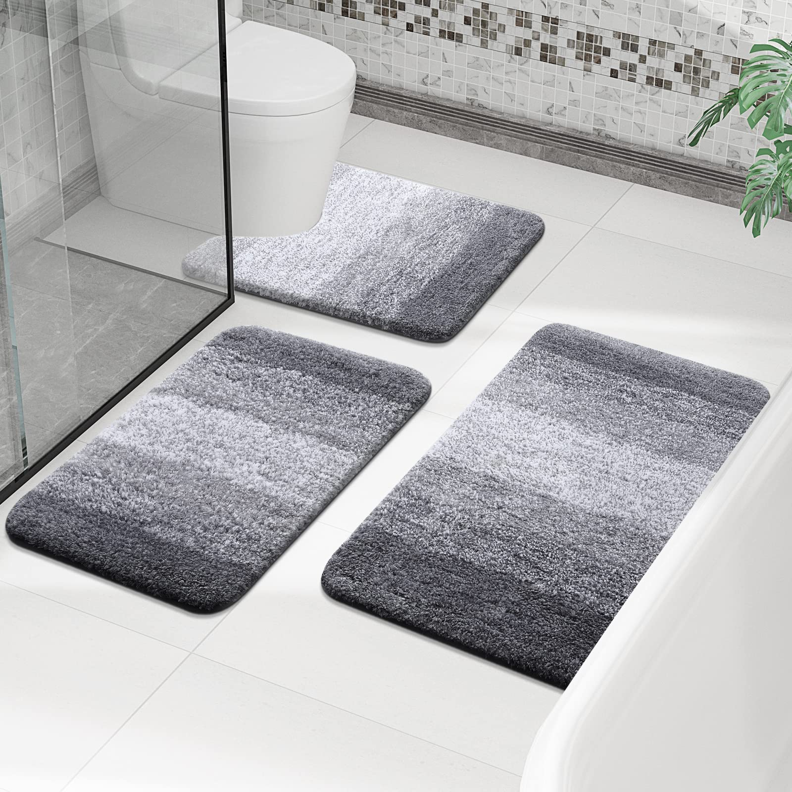 Load image into Gallery viewer, OLANLY Ombre Bath Rug and Toilet Rugs U-Shaped, Bath Rug Size 24x16 and Bathroom Rug Set Size 24x16+24x20 in Grey, 3 Item Bundle