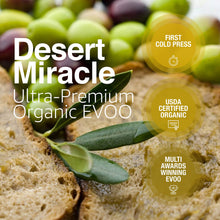 Load image into Gallery viewer, Desert Miracle Cold Pressed Polyphenol Rich Moroccan Olive Oil, First Cold Pressed EVOO From Morocco, Extra Virgin Organic Olive Oil, Gold Medals Awards Winning Olive Oil, 500 mL
