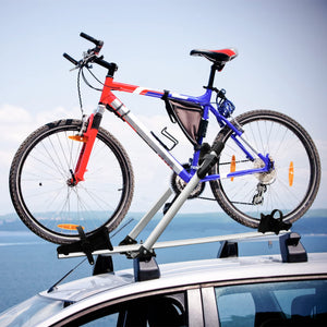 Zibomm Universal Roof Mount Bike Rack, Fork Mount Bike Carrier for Roof Racks with Foldable Secure Ratcheting Arm & Safe Locking, Aluminum Car Rooftop Bicycle Carrier 1 Bike Capacity Up to 38.5 lbs