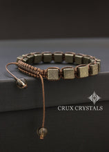 Load image into Gallery viewer, Fools Gold, Iron Pyrite Cube Shaped Beaded Men's Bracelet Gemstone Shamballa Inspired Energy Macrame Wrap Bracelet Crux Crystals Gift for Him
