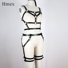 Load image into Gallery viewer, HMEX Leather Harness Underwear Set Goth Garter Belts Women Straps Bra Garter Sexy Body Belts Waist To Leg Bondage Cage
