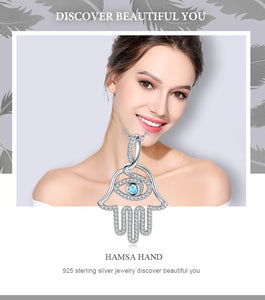 EUDORA 100% 925 Sterling Silver Hamsa Hand & Blue evil eye CZ Pendant Necklace Good Luck Charm Fine Jewelry Birthday Gift D340