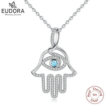 Load image into Gallery viewer, EUDORA 100% 925 Sterling Silver Hamsa Hand &amp; Blue evil eye CZ Pendant Necklace Good Luck Charm Fine Jewelry Birthday Gift D340
