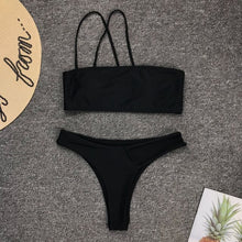 Load image into Gallery viewer, Leopard Women Padded Beachwear Irregular Thong Swimwear Wild Bandeau One Shoulder Bandage Solid Black Swimsuit Sexy Bikini Set
