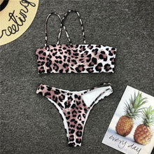 Load image into Gallery viewer, Leopard Women Padded Beachwear Irregular Thong Swimwear Wild Bandeau One Shoulder Bandage Solid Black Swimsuit Sexy Bikini Set
