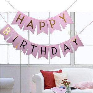 Kids Pastel Pink Happy Birthday Banner Garland Hanging Gold Letters Photo Props Bunting Garland Wedding Decoration Party Event