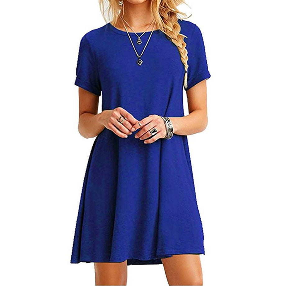 Women solid blue Black Dress Chiffon Summer Party Evening Beach Dress Sexy Women Clothes Short Sleeve Sundress