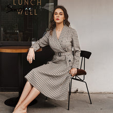 Load image into Gallery viewer, Simplee Elegant plaid office ladies dress A-line belt autumn winter work dress Fashion High street Vintage V-neck female dress
