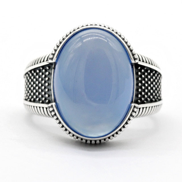 2020 New Real  925 Sterling Silver Men's Ring with Big Natural Blue Agate Stone Vintage Simple Male Rings Turkish Jewelry Gift