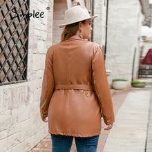 Load image into Gallery viewer, Simplee Office lace up women plus size Jacket autumn winter  Elegant lapel blazer jacket brown  Casual pocket fashion top coats

