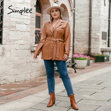 Load image into Gallery viewer, Simplee Office lace up women plus size Jacket autumn winter  Elegant lapel blazer jacket brown  Casual pocket fashion top coats
