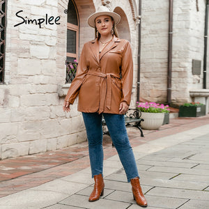 Simplee Office lace up women plus size Jacket autumn winter  Elegant lapel blazer jacket brown  Casual pocket fashion top coats