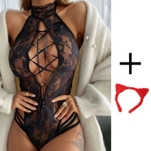 Load image into Gallery viewer, Sexy Women's Tights Erotic Teddy Suit Underwear Black Lace Sexy Role-playing Jumpsuit Hollow See-through Women's Lingerie
