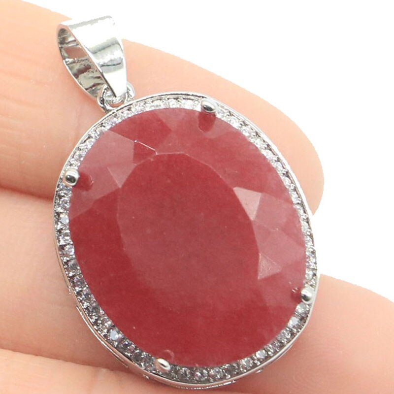 34x21mm Big Jewelry Set 17.5g Oval 22x18mm Real Red Ruby Green Emerald CZ For Woman's Dating Silver Pendant Earrings